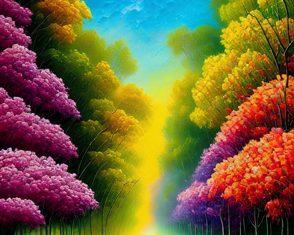 Vibrant painting of person on reflective path with colorful trees under bright sky