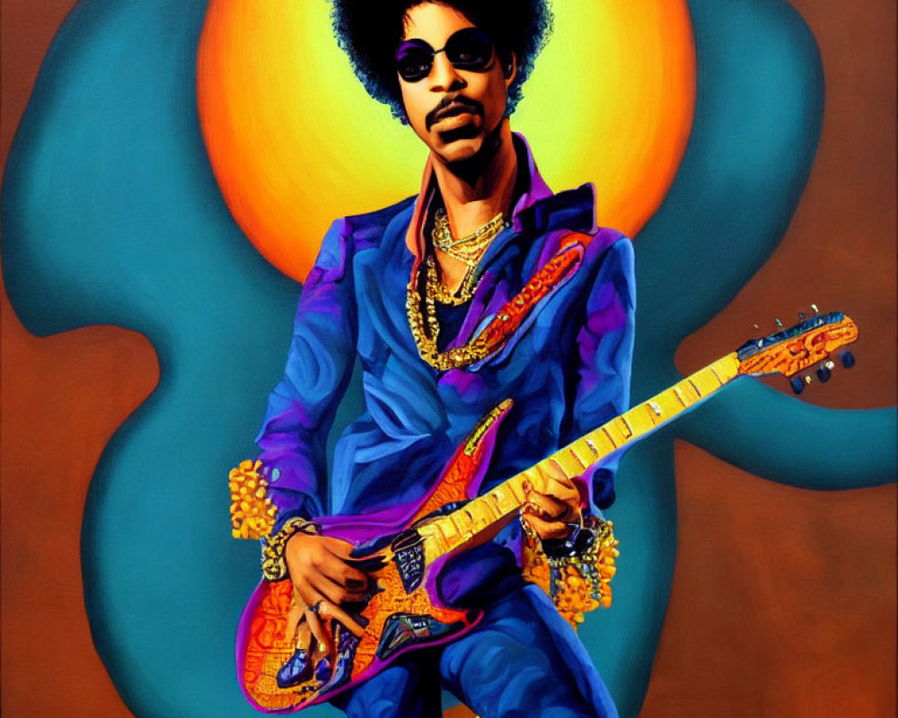 Vibrant portrait of stylish individual with afro, blue outfit, sunglasses, and unique guitar