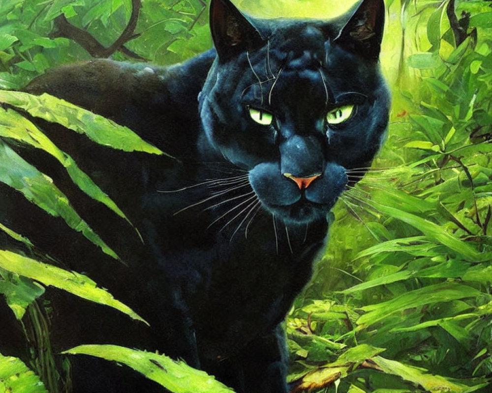 Black Panther with Green Eyes in Lush Jungle Setting