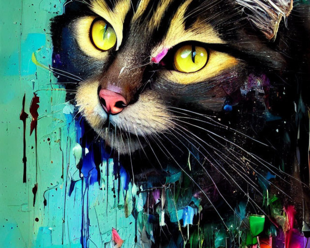 Colorful Cat Face Painting with Yellow Eyes and Whiskers