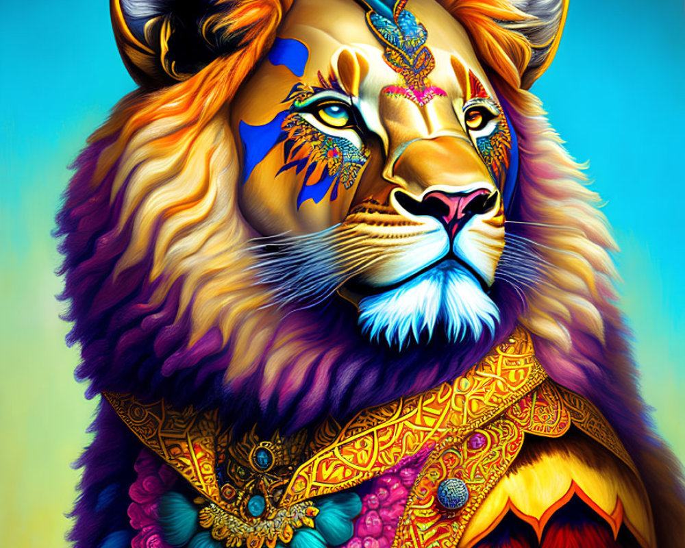 Regal lion with intricate patterns on vibrant background