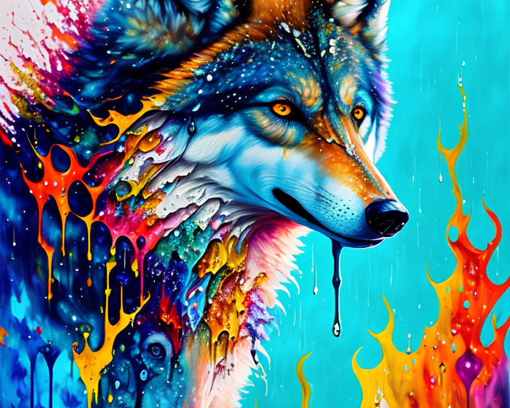 Colorful Wolf Painting with Dripping Paint Effect