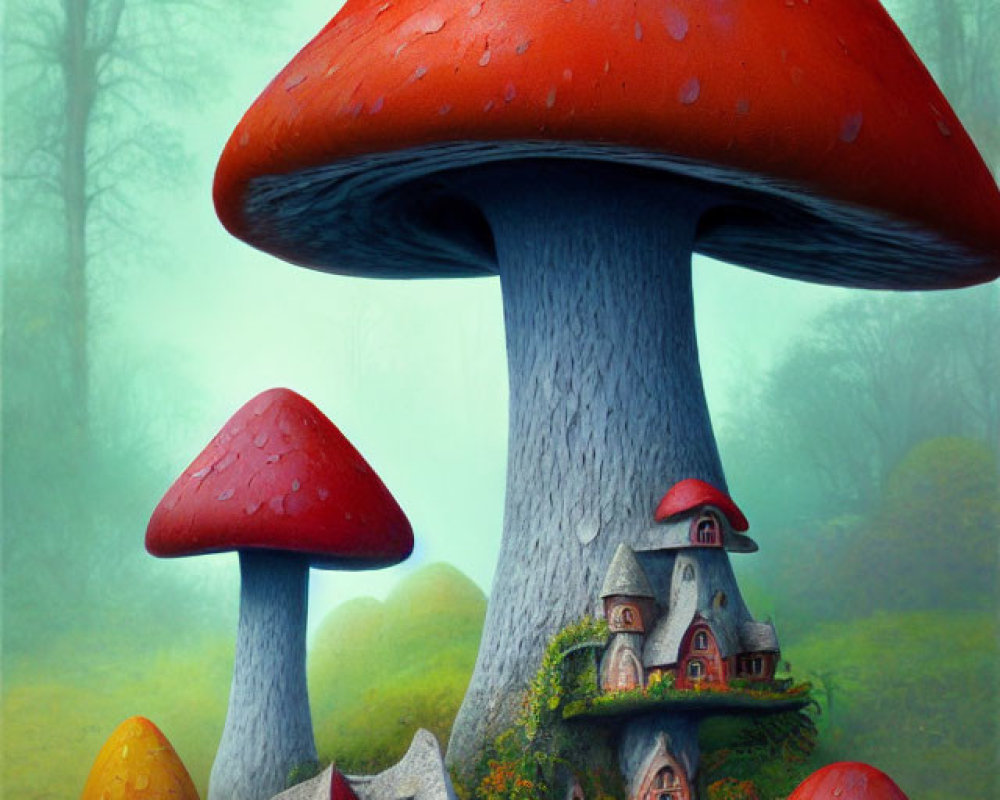 Enchanted forest fantasy illustration with oversized red-capped mushrooms.
