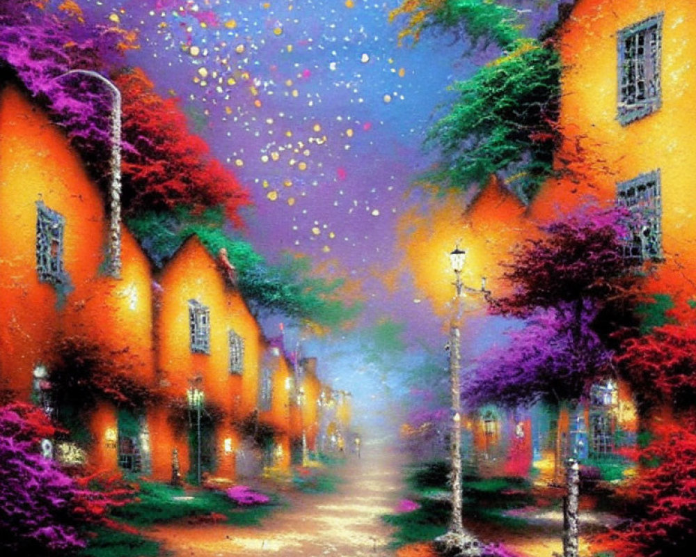 Colorful Illuminated Street Scene Under Starry Night Sky
