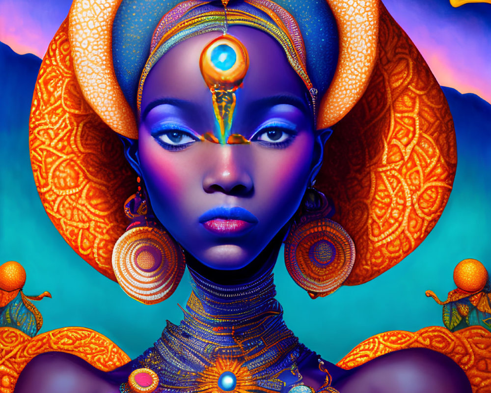 Colorful digital artwork of a woman with intricate jewelry and headdress