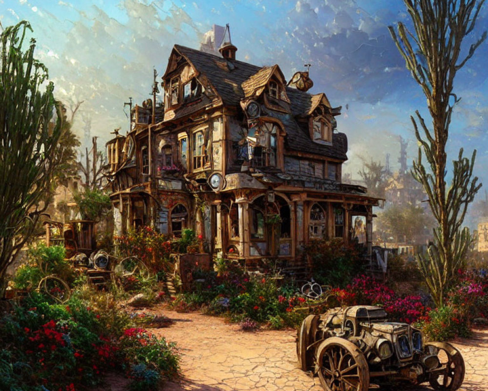 Victorian-style house in desert landscape with cacti, flowers, and antique car
