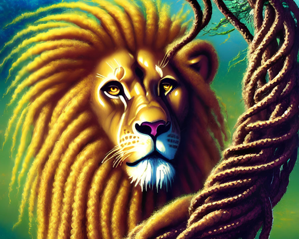 Majestic lion with voluminous mane in vibrant illustration