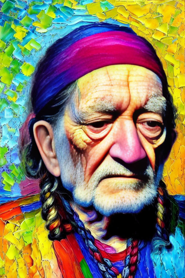 Colorful portrait of elderly person with headband and braided hair against vibrant abstract background