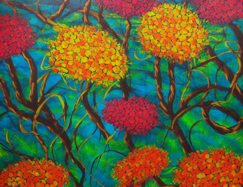 Colorful Stylized Tree Painting with Red and Yellow Foliage