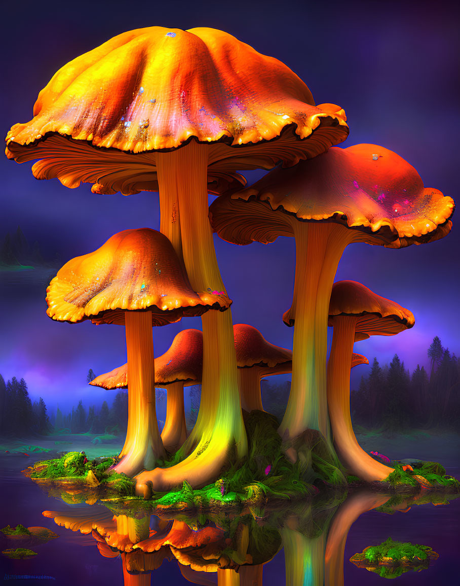 Digital Art: Oversized Luminescent Mushrooms in Twilight Reflection