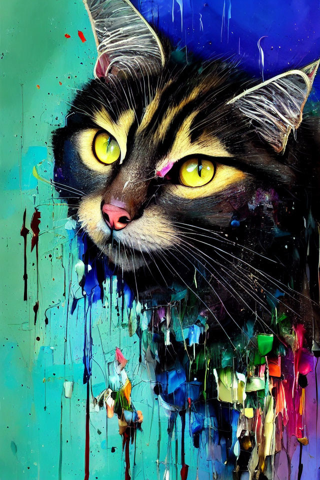 Colorful Cat Face Painting with Yellow Eyes and Whiskers