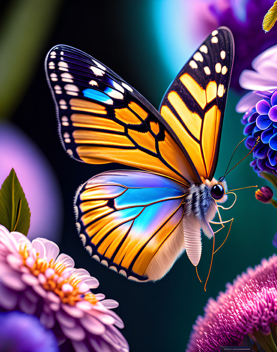 Colorful butterfly on purple flower in green foliage