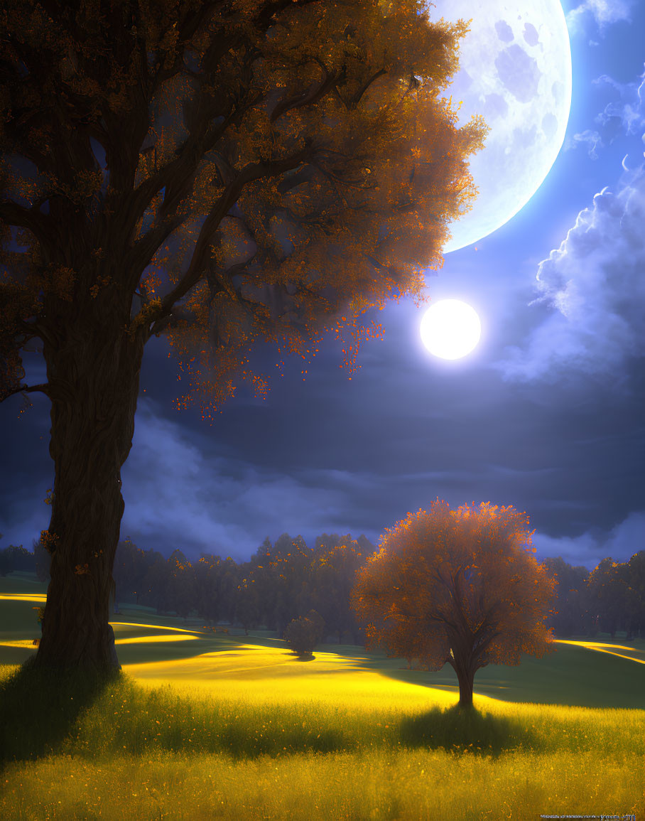 Golden meadow and autumn trees under moonlit night sky