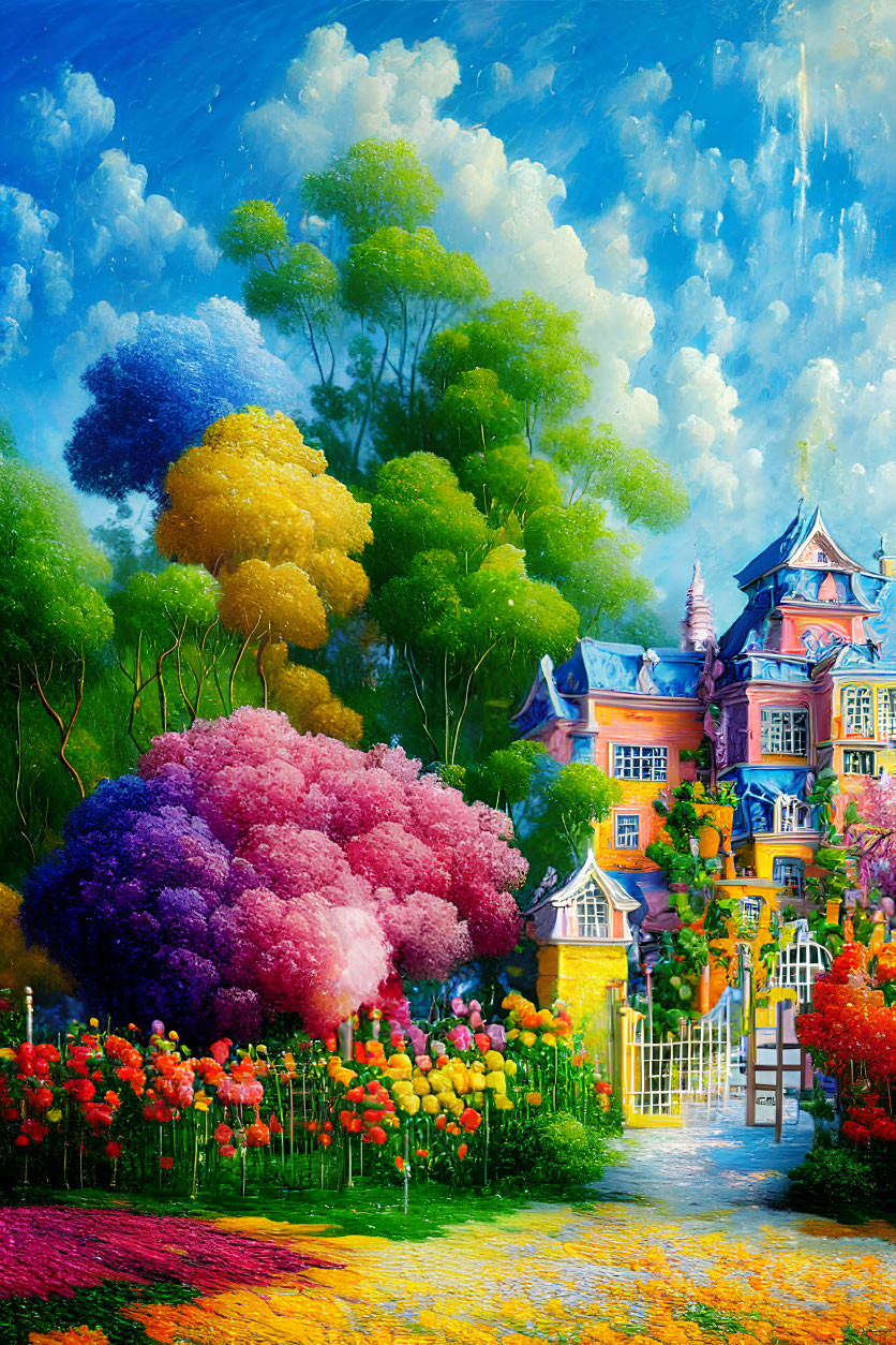 Whimsical house painting with turrets and lush gardens