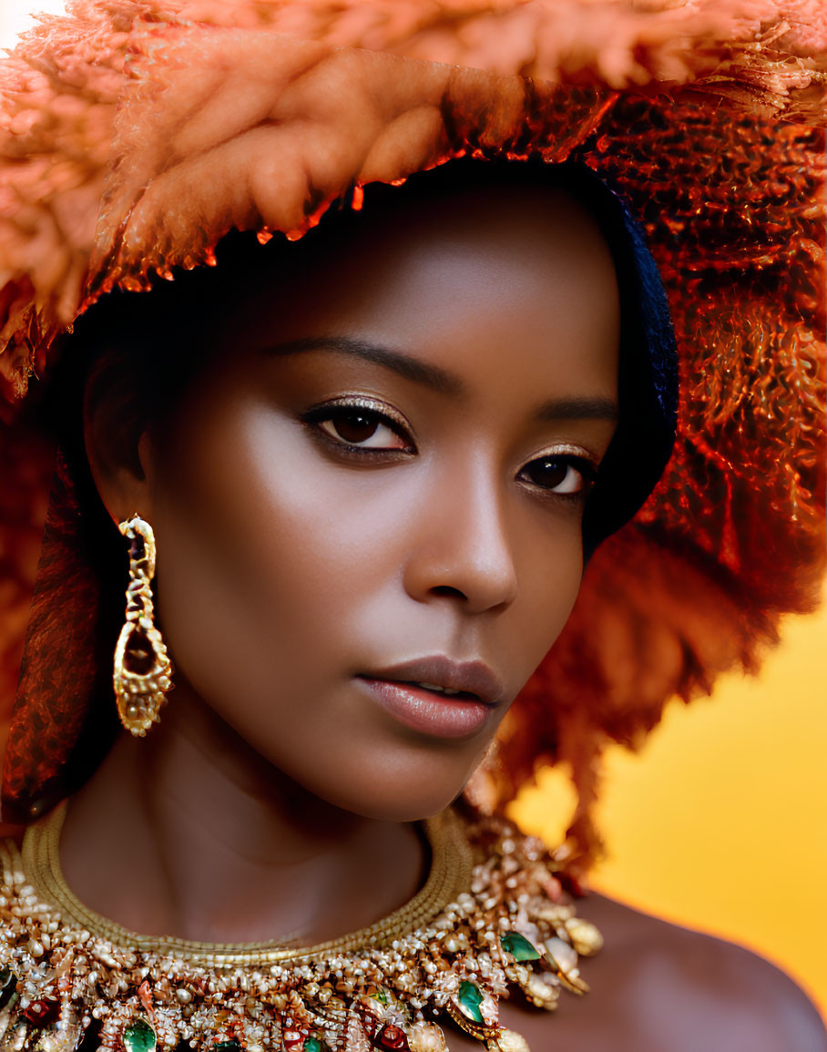 Woman adorned with ornate hat, golden earrings, and jeweled necklace on yellow backdrop