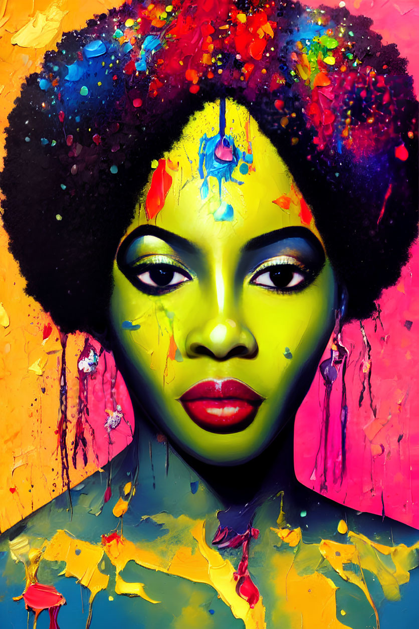 Colorful Afro Woman Portrait Against Yellow and Pink Background