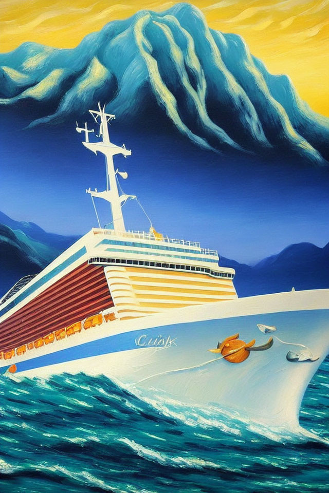 Colorful painting of cruise ship, dolphins, and ocean waves in a yellow sky