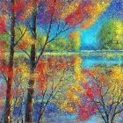 Colorful meadow painting with flowers, trees, and river