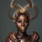 Dark-skinned woman with gold jewelry and dragon headdress, featuring realistic scales and horns.