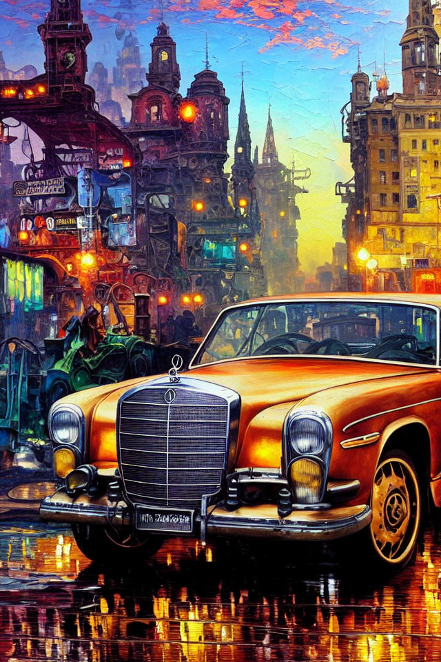 Colorful Artwork: Classic Mercedes in Cityscape at Dusk
