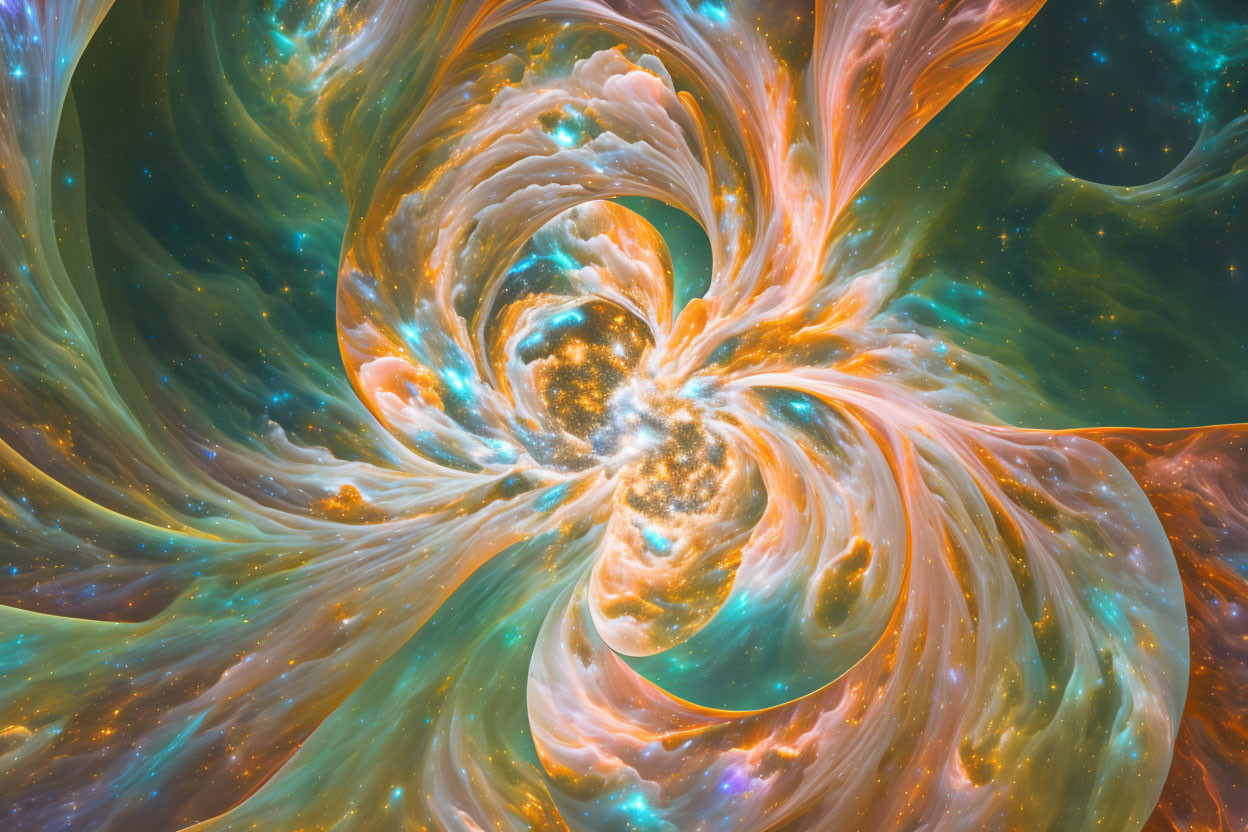 Vivid cosmic illustration with swirling nebula-like patterns in golden hues