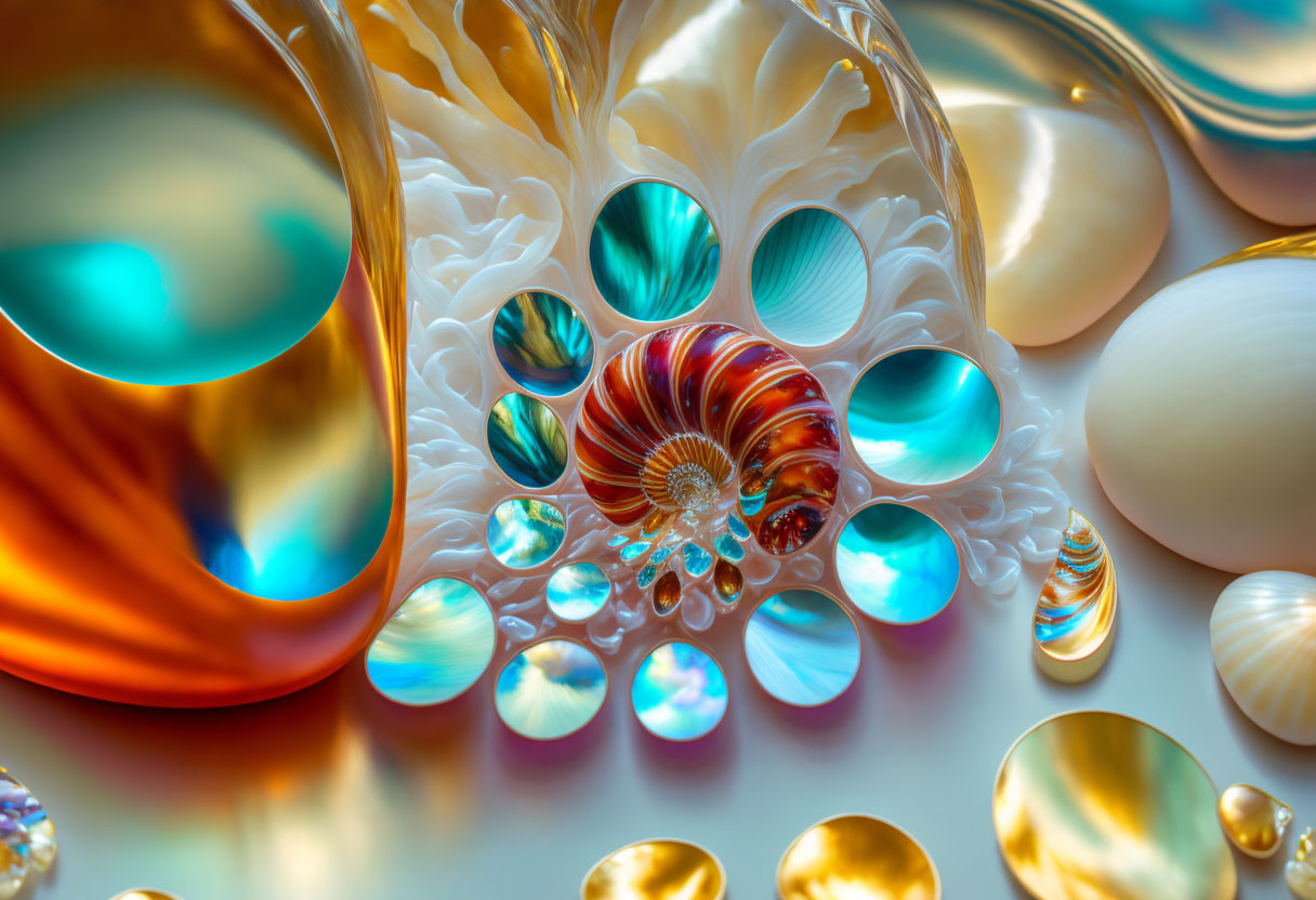 Colorful digital artwork: Nautilus shell, shimmering orbs, iridescent colors