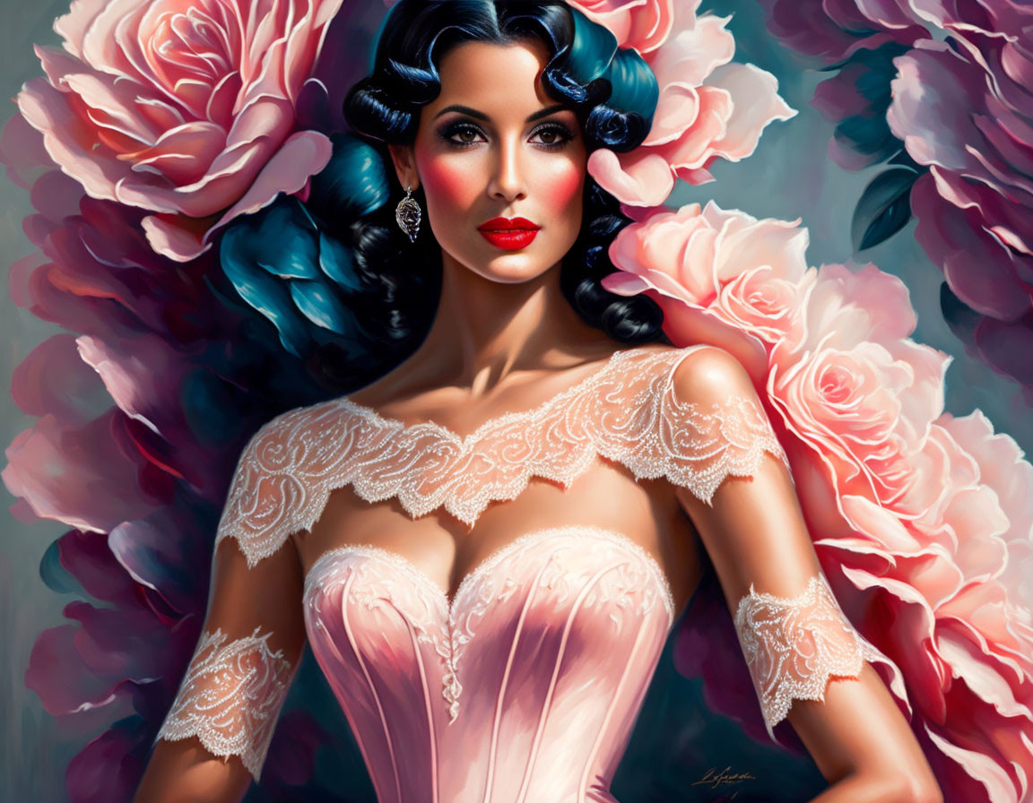 Illustrated Woman in Vintage Waves and Pink Gown with Roses