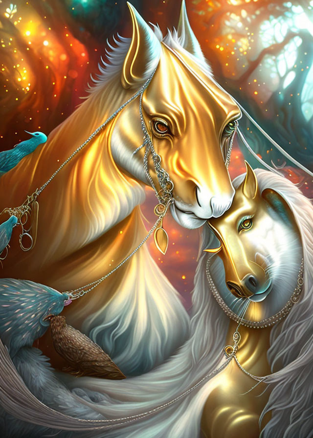 Majestic horses adorned with jewelry in cosmic setting