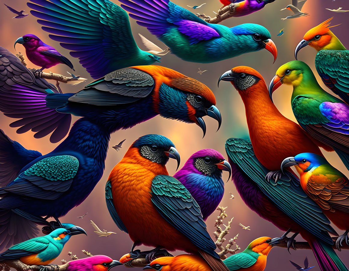 Colorful digital artwork of exotic birds in intricate detail on purple background