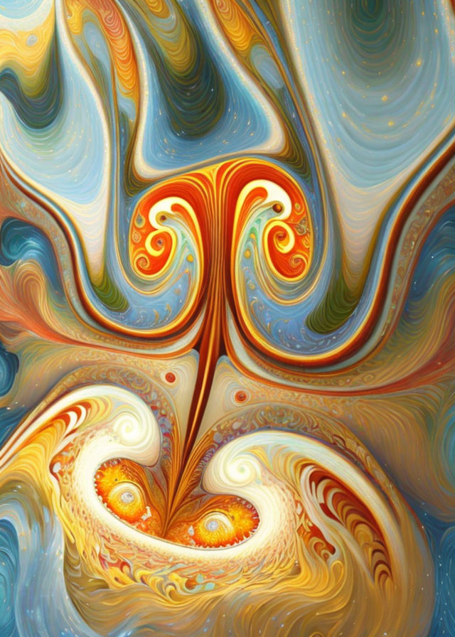 Colorful digital artwork featuring swirling blue, orange, and yellow patterns around a stylized tree form.