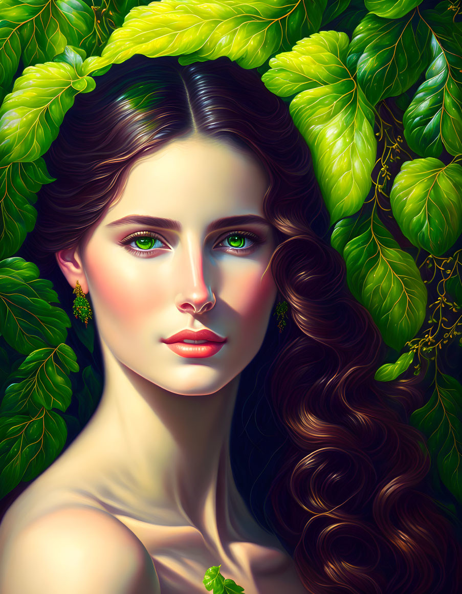 Stylized portrait of woman with brown hair and green eyes among lush leaves