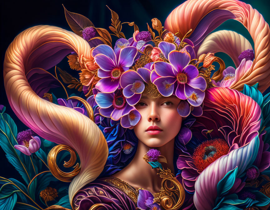 Colorful digital artwork: Woman with floral headdress in purple and gold on dark backdrop
