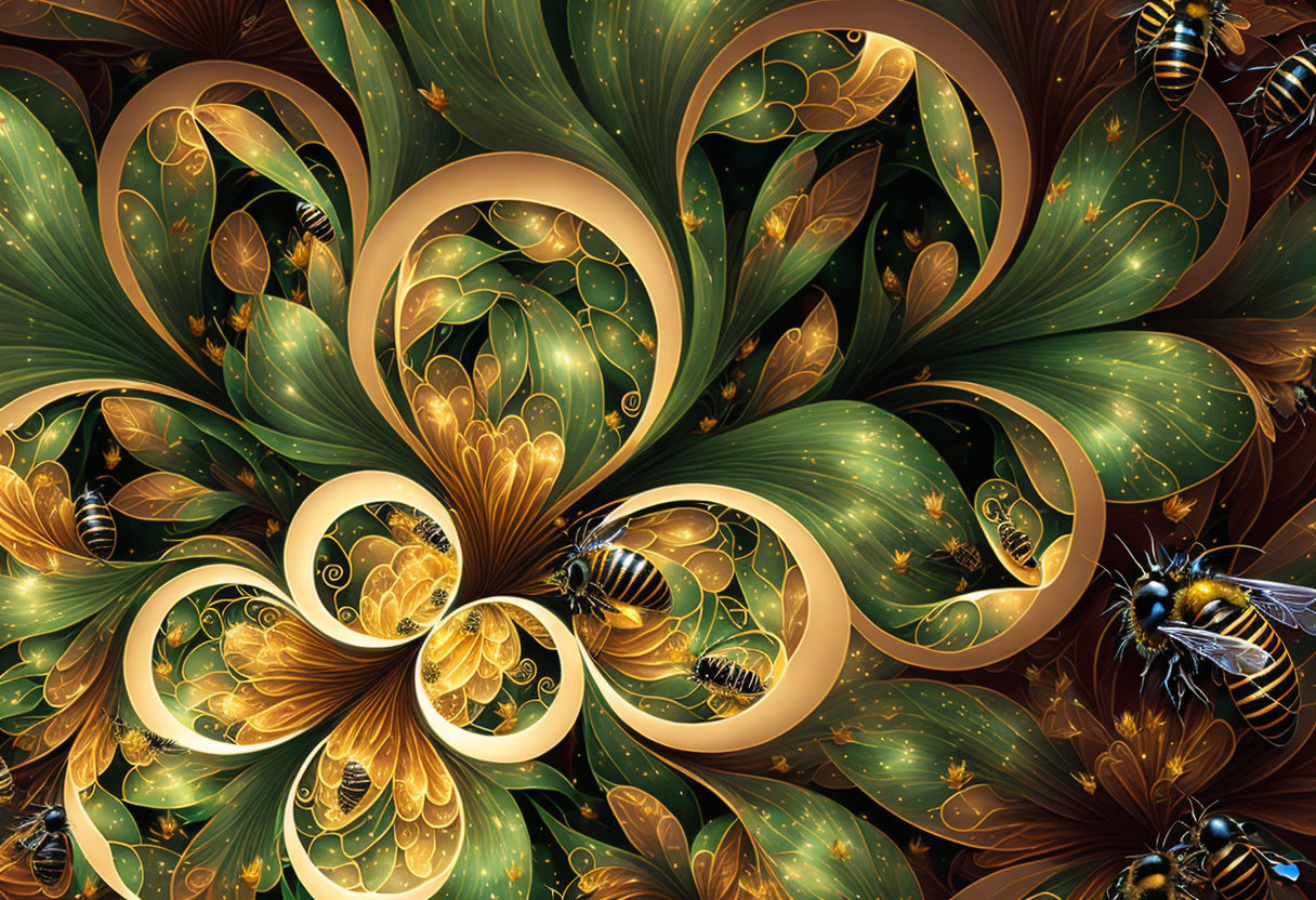 Fractal digital artwork with ornate patterns, flowers, and bees in golden and green hues