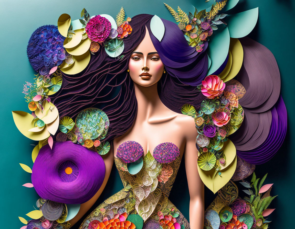 Colorful Floral Hair Illustration on Teal Background