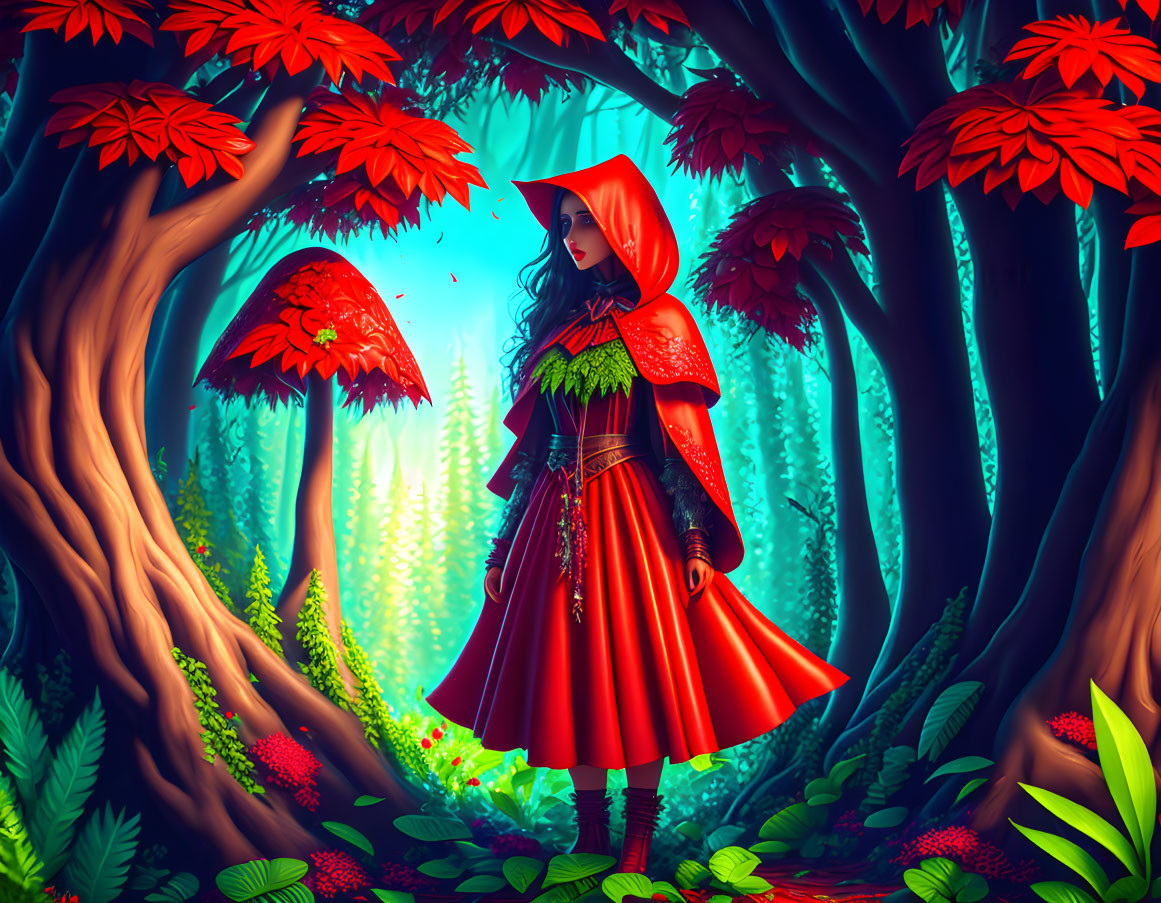 Woman in Red Hooded Cloak Stands in Enchanted Forest