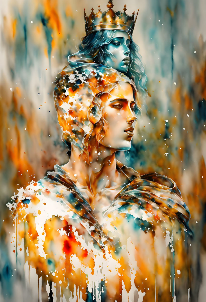Colorful digital artwork of regal figure with crown and abstract paint splashes.