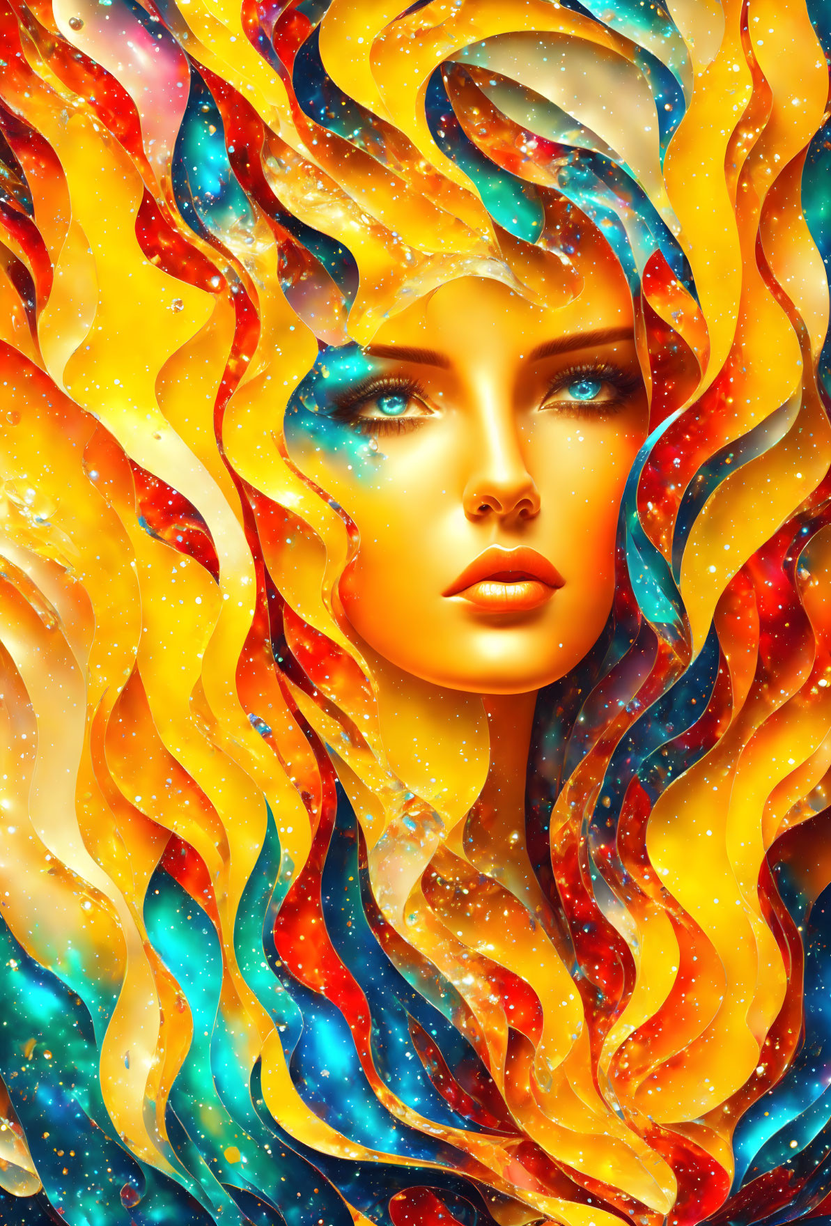 Colorful digital art portrait featuring cosmic elements merging with woman's hair and skin