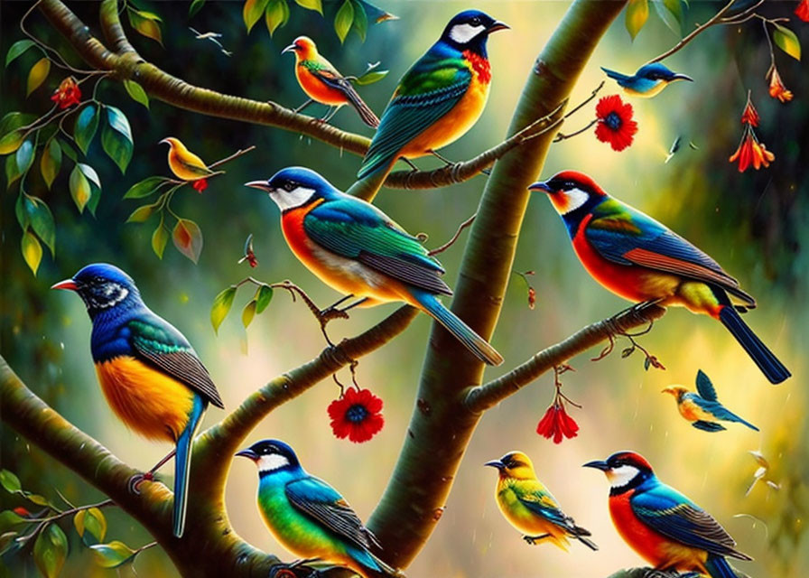 Colorful Birds Perched on Tree Branches with Red Flowers in Vibrant Painting