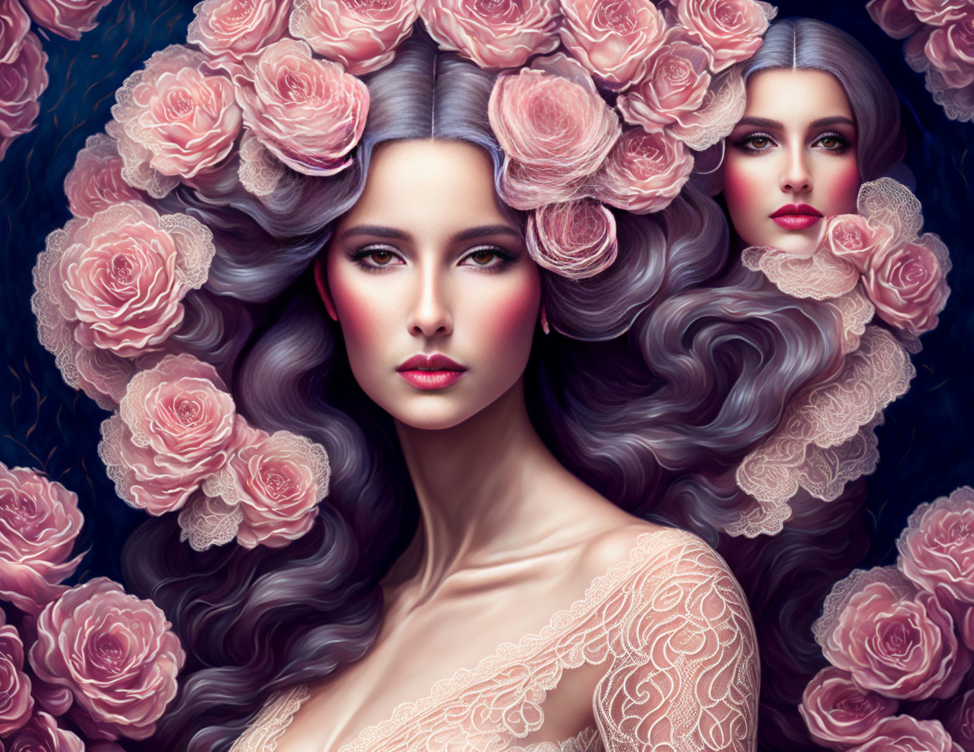 Women with flowing hair and pink roses on blue background symbolize elegance and dreamy ambiance