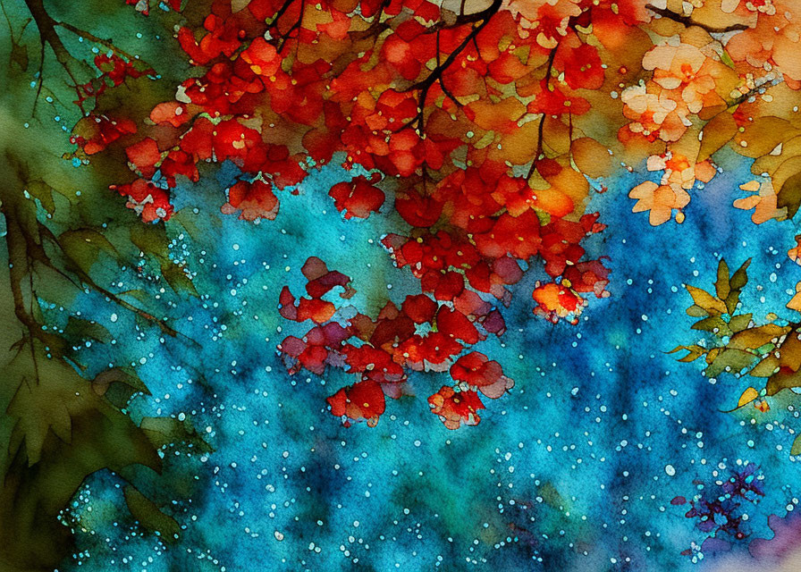 Colorful Watercolor Painting: Autumn Leaves in Red and Orange on Blue Background