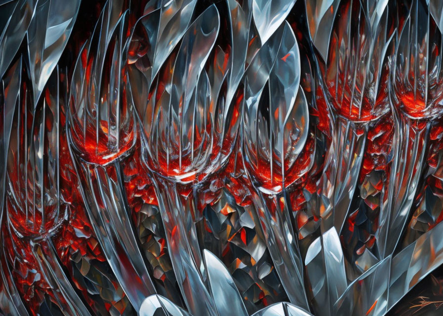 Crystal wine glasses with red and silver abstract pattern.
