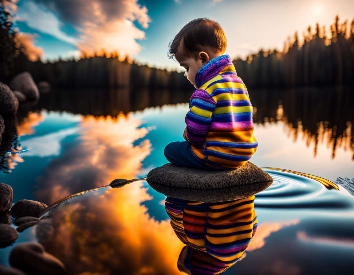 Child in Colorful Striped Jacket Reflecting on Tranquil Lake at Sunset