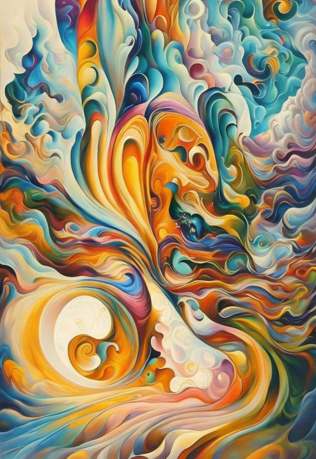Abstract painting: Vibrant swirl patterns in warm & cool tones