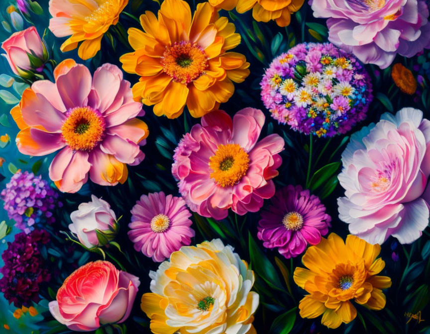 Colorful Floral Painting with Pink, Yellow, and Purple Flowers