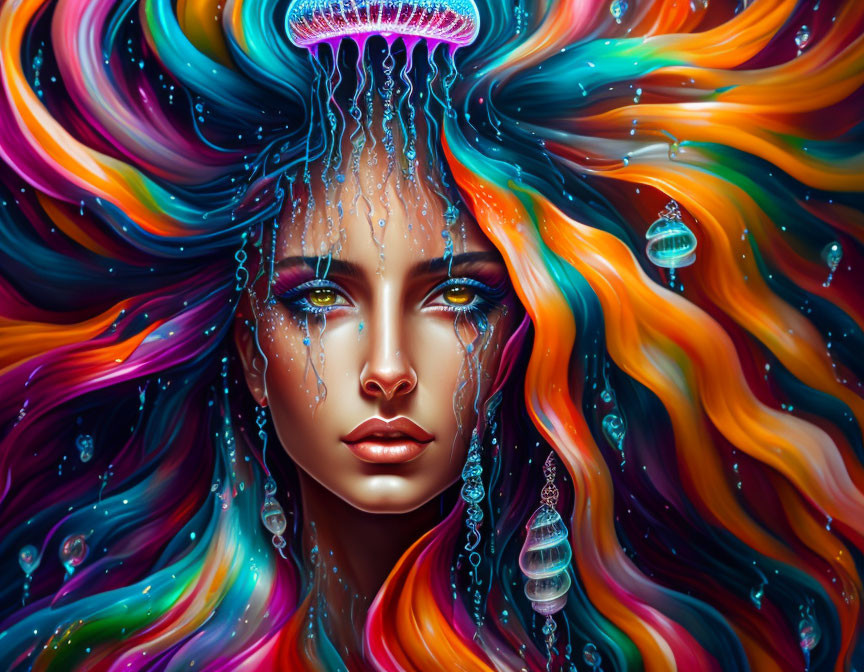 Vibrant digital artwork of woman with flowing hair, jellyfish, and sea creatures
