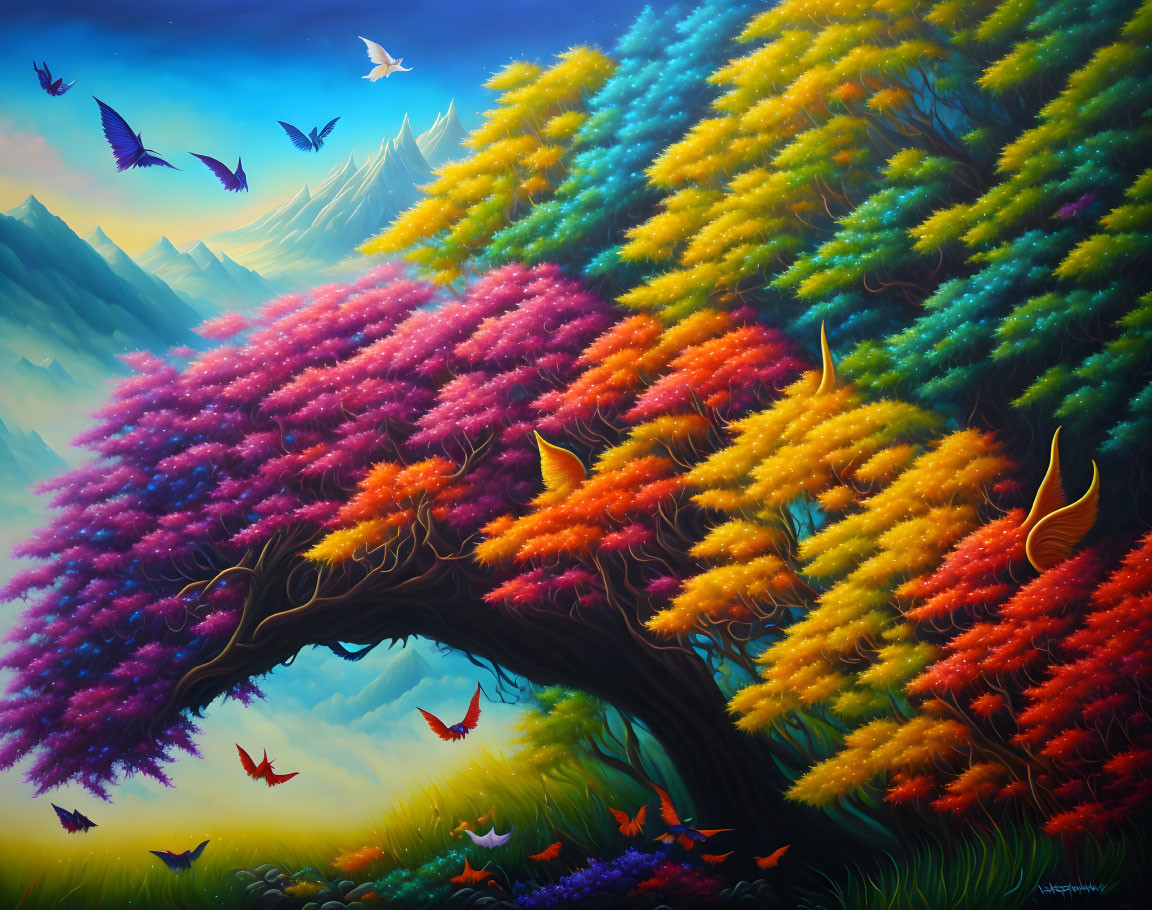 Colorful painting: Whimsical tree with birds, hills, and twilight sky