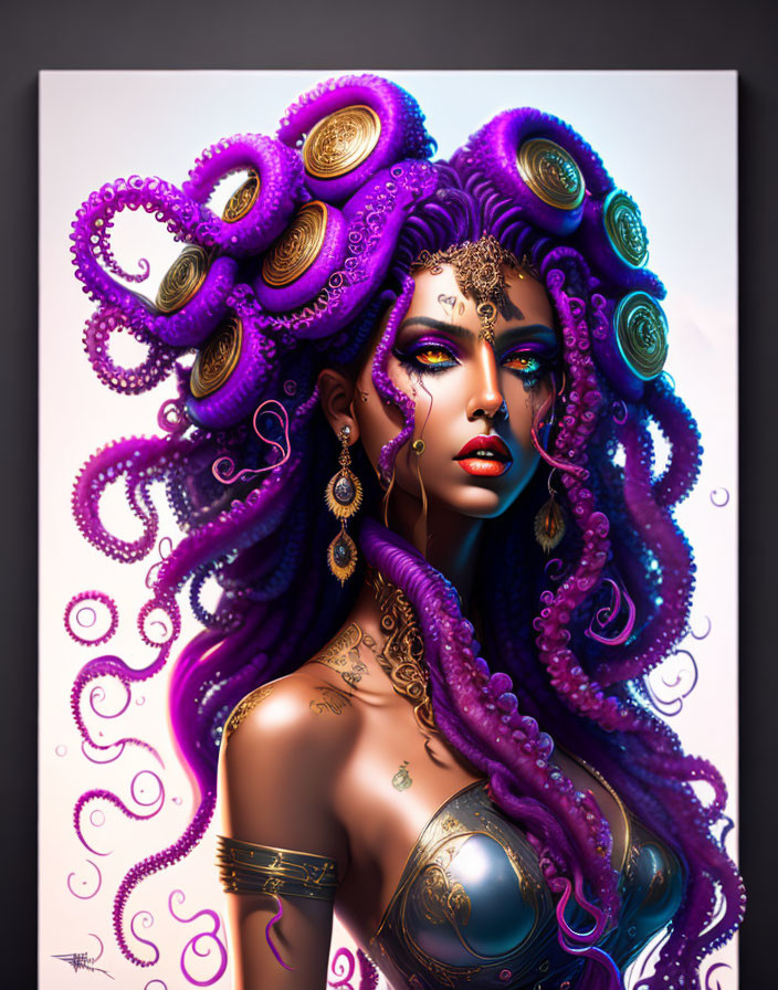 Colorful portrait of a woman with unique octopus-like hair and intricate face tattoos