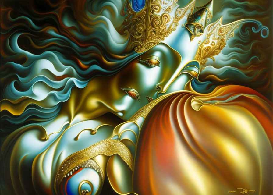 Surreal Artwork: Person in Blue and Gold Robes with Ornate Mask-like Features