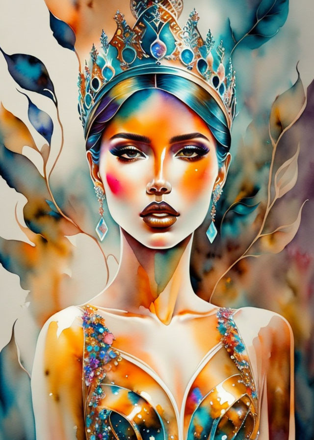 Vibrant woman with crown and autumnal backdrop illustration