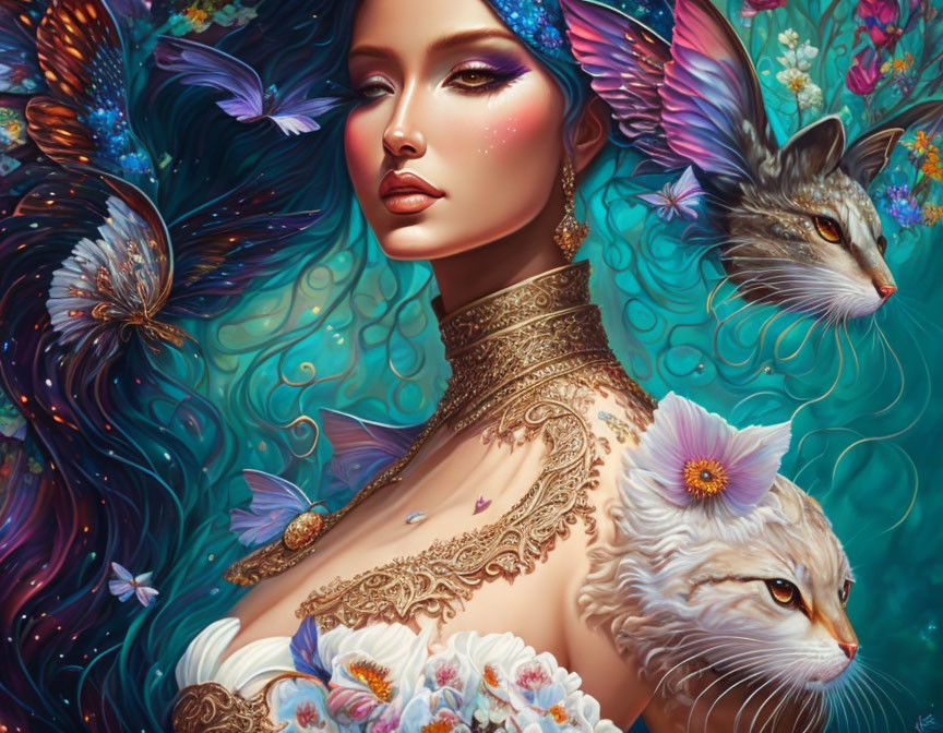 Fantasy illustration of a woman with butterfly wings, tattoos, ethereal cats, and floral backdrop